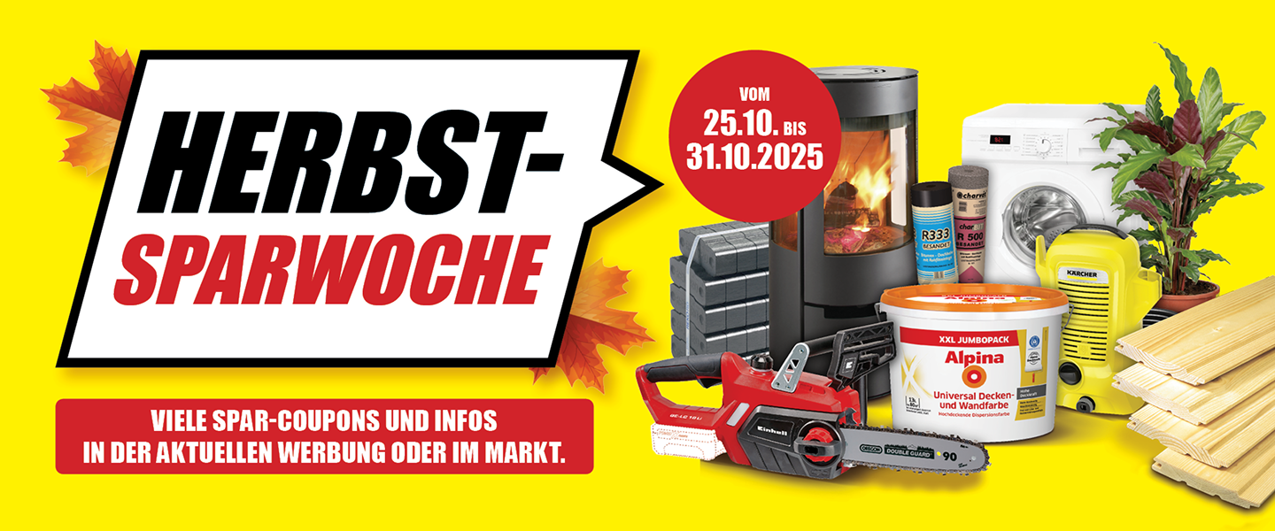 Werbung zur Herbst-Sparwoche bei toom Baumarkt vom 25.10. bis 31.10.2025 mit Sonderangeboten auf Kaminöfen, Waschmaschinen, Werkzeug, Farben, Pflanzen und Baumaterialien.