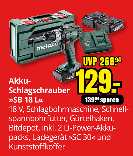 Metabo Akku-Schlagschrauber SB 18 L im Kunststoffkoffer – 18 Volt Schlagbohrmaschine mit 2 Li-Power-Akkus, Ladegerät und Zubehör, jetzt für 129 Euro statt 268,94 Euro erhältlich.