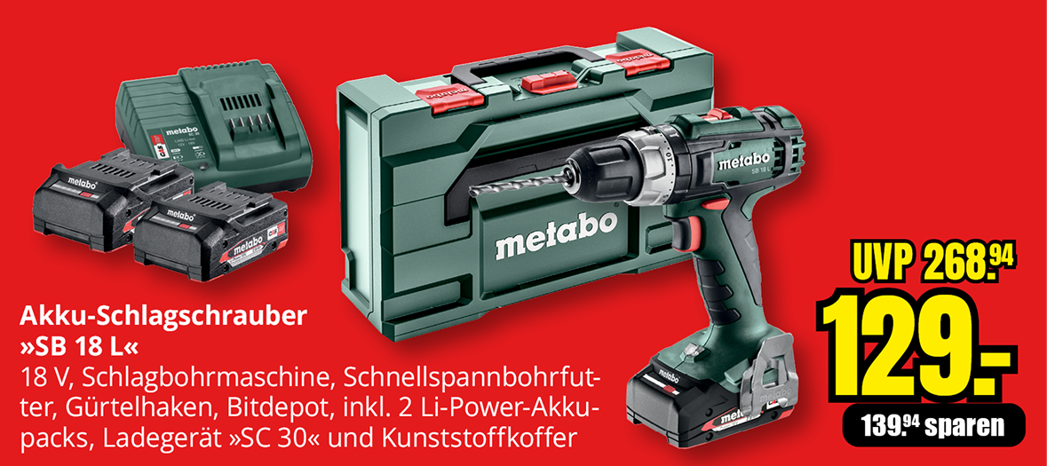 Metabo Akku-Schlagschrauber SB 18 L im Kunststoffkoffer – 18 Volt Schlagbohrmaschine mit 2 Li-Power-Akkus, Ladegerät und Zubehör, jetzt für 129 Euro statt 268,94 Euro erhältlich.
