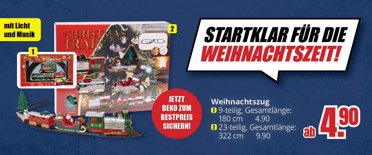 Werbegrafik für einen Weihnachtszug in zwei Varianten: ein 9-teiliges Set mit 180 cm Länge und ein 23-teiliges Set mit 322 cm Länge. Abgebildet sind Verpackungen und ein aufgebauter Weihnachtszug. Preisangabe ab 4,90 Euro.