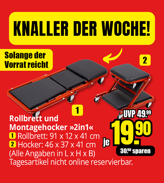 Abbildung eines Rollbretts und eines Montagehockers in Rot-Schwarz. Das Rollbrett ist flach, gepolstert und hat sechs Rollen. Der Montagehocker ist höhenverstellbar, ebenfalls gepolstert und auf einem roten Metallrahmen mit vier Rollen montiert. Daneben stehen Preisangaben und Maße.