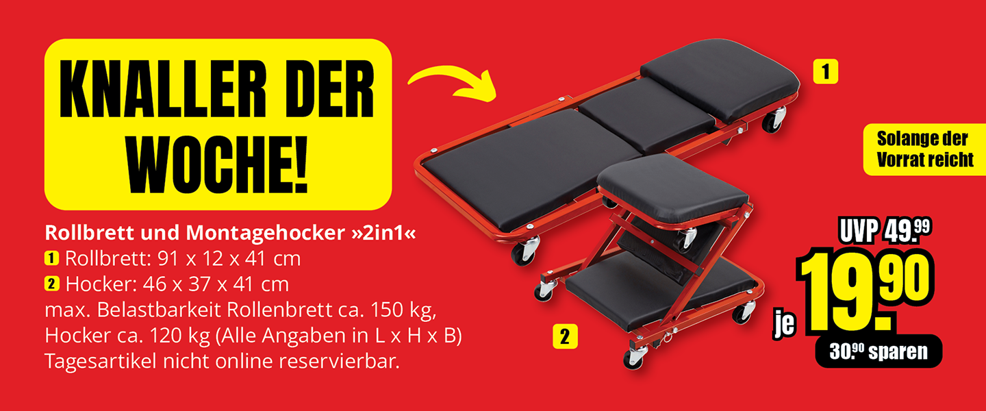 Abbildung eines Rollbretts und eines Montagehockers in Rot-Schwarz. Das Rollbrett ist flach, gepolstert und hat sechs Rollen. Der Montagehocker ist höhenverstellbar, ebenfalls gepolstert und auf einem roten Metallrahmen mit vier Rollen montiert. Daneben stehen Preisangaben und Maße.