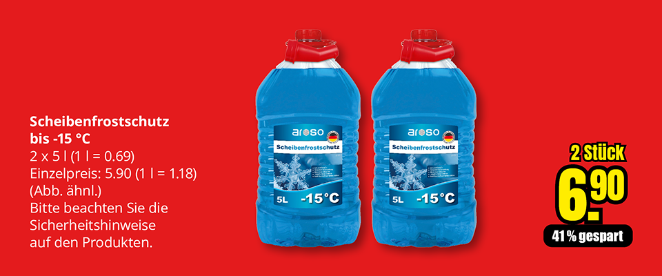 Zwei Kanister Scheibenfrostschutz bis −15 °C, jeweils 5 Liter, Setpreis 6,90 € für 2 Stück