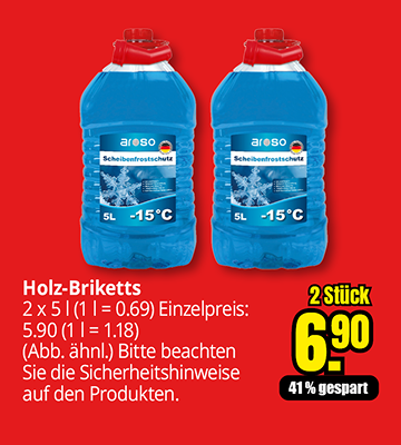 Zwei Kanister Scheibenfrostschutz bis −15 °C, jeweils 5 Liter, Setpreis 6,90 € für 2 Stück