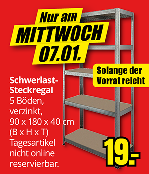 Schwerlast-Steckregal mit 5 Böden, verzinkt, 90 × 180 × 40 cm, Sonderangebot nur am Mittwoch, 07.01., Preis 19 €