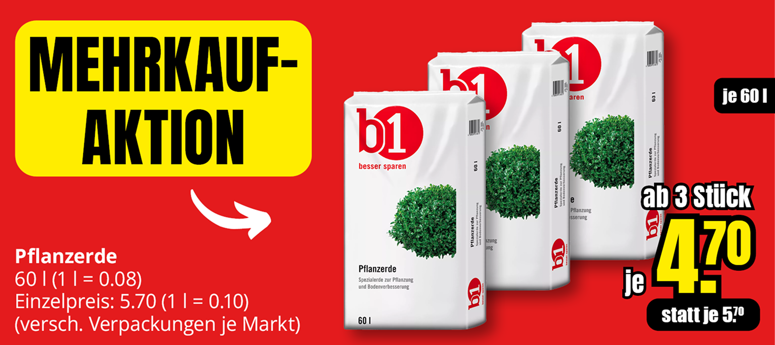 Werbung für Pflanzerde im Angebot. Drei weiße Säcke mit grünen Bäumen darauf. Preis: 4 Euro und 70 Cent pro Sack, vorher 5 Euro und 70 Cent. 60 Liter Erde in jedem Sack.